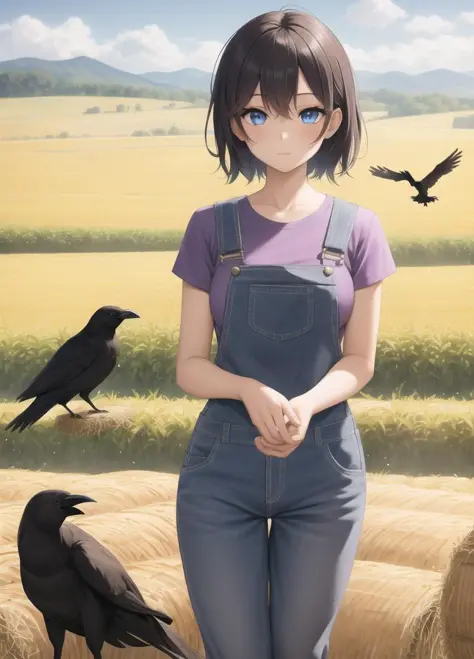 masterpiece,best quality,1girl,cornfield,hay bales,crow,overalls,purple shirt,blue eyes