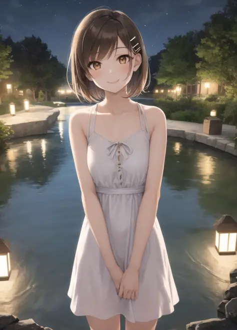 best quality,1girl,looking at viewer,brown eyes,brown short hair,hair clip,night,pond,arms at sides,sleeveless,dress,swimsuit,smile