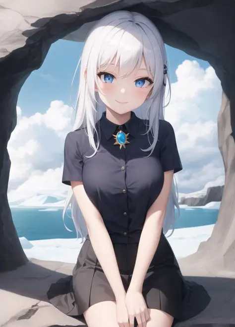 masterpiece,best quality,1girl,arctic,cave,brooch,blue black shirt,black skirt,sitting,long white hair,looking at viewer,smile,