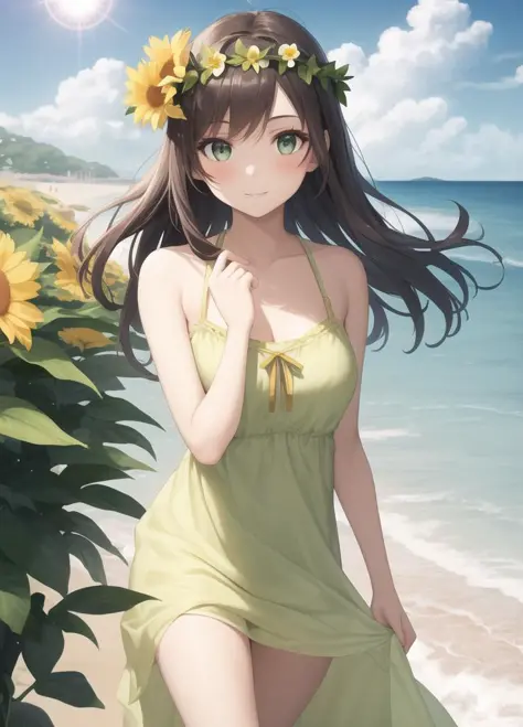 best quality,1girl,day,outdoors,flower circlet,beach,long green sun dress,