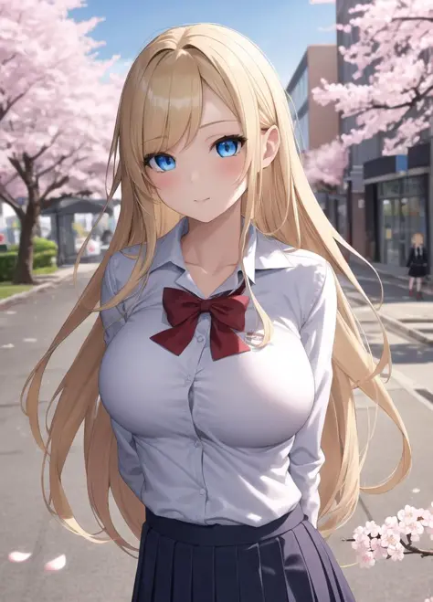 best quality,1girl,blue eyes,long blonde hair,arms behind back,cherry blossoms,city,school uniform,large breasts,upper body