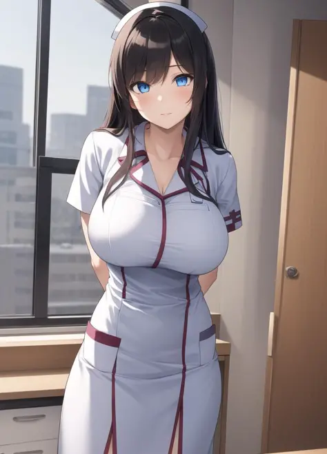 best quality,1girl,nurse office,huge breasts,upper body,window,long hair,blue eyes,arms behind back,leaning forward