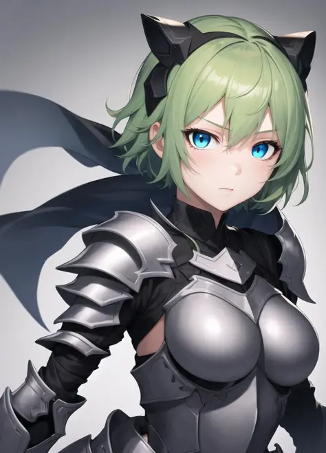 best quality,1girl,darkness,simple background,armored dress,face focus,short green hair,blue eyes