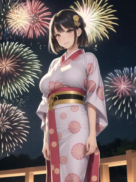 1girl, best quality, japanese clothes, arms behind back, huge breasts, fireworks display, festive atmosphere, yukata, intricate ...