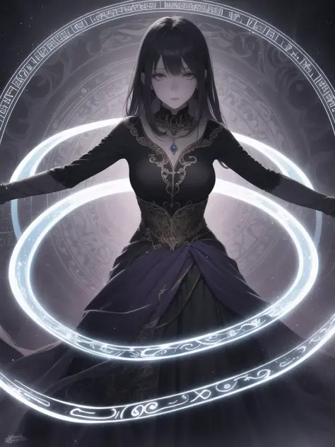 1girl, best quality, upper body,leaning forward,arms behind back, mystical style, dark and rich colors, long dark dress, enchanting atmosphere, large magic circle, ancient and intricate symbols, flowing fabric, deep purple hues, ethereal patterns,