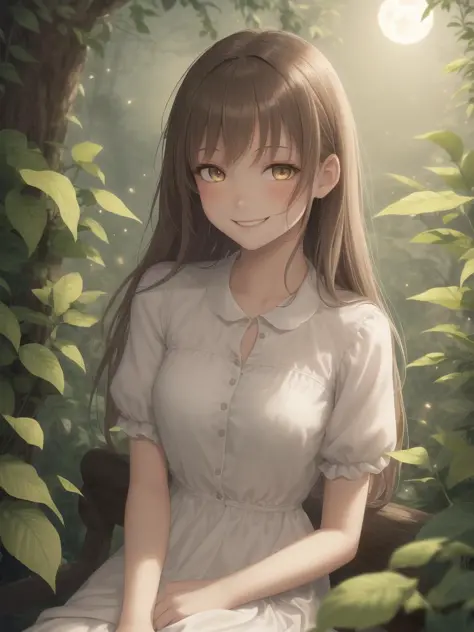 1girl, best quality,sitting,up close, shirt, dress,smile,firefly-lit scene, mystical atmosphere, dappled moonlight, lush foliage, gentle breeze, long flowing hair, earthy colors, ethereal glow, whimsical dress,