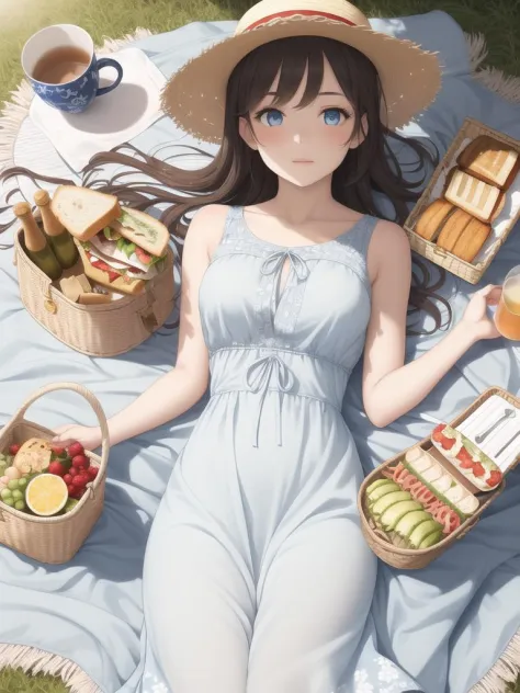 1girl, best quality, girl on the moon, celestial setting, picnic scene, serene and peaceful atmosphere, flowing dress, pale blue and white hues, floral patterns, straw hat, wicker picnic basket, cozy blanket, tea set, sandwiches and fruits, gentle breeze, ...