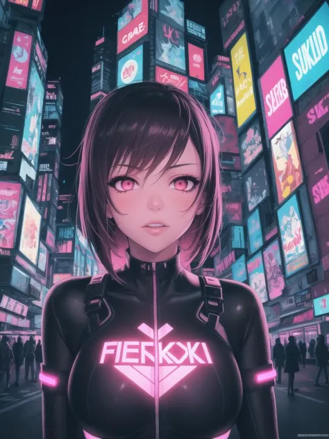 best quality,1girl,close up,face focus,vibrant and neon colors, girl wearing a body suit, next to a graffiti wall, cyberpunk cityscape, futuristic atmosphere, towering skyscrapers, holographic advertisements, bustling streets, flickering neon lights,