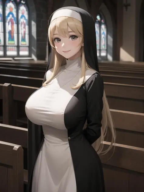 masterpiece,best quality,1girl,nun,very long blonde hair,huge breasts,upper body,pews,wooden walls,arms behind back,surrounded by stained glass windows,smile