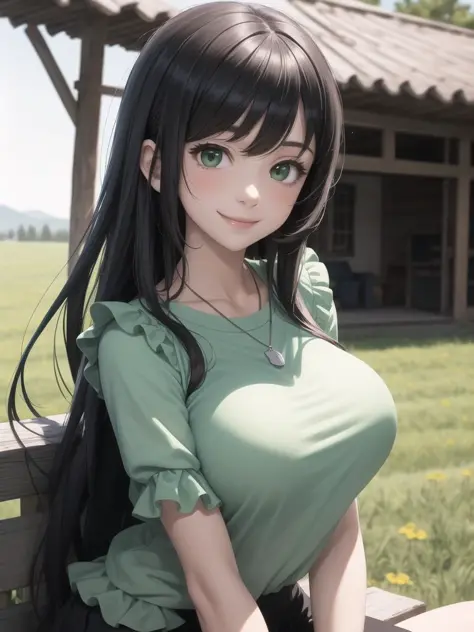best quality,1girl,meadow,[houses],sitting,large breasts,upper body,frilled shirt,two tone,very long black hair,looking at viewer,green necklace,frills,smile