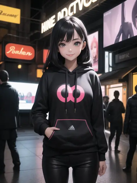 masterpiece,best quality,1girl,city,neon signs,multiple tv screens,futuristic,black hoodie,pants,looking at viewer,smile