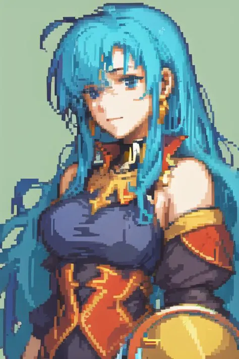 a pixel art of a woman with blue hair and a helmet