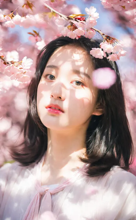 mugglelight, a girl with a dreamy expression, surrounded by floating cherry blossom petals in a soft breeze, springtime magic, gentle radiance.
korean girl,black hair,