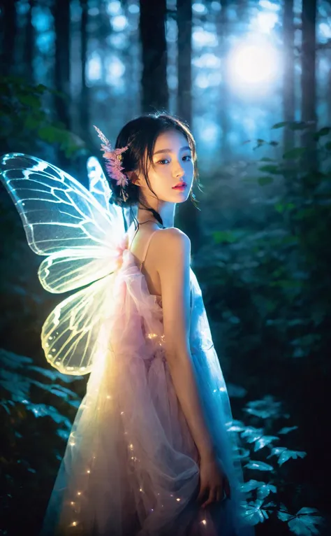 a woman in a fairy costume standing in the woods