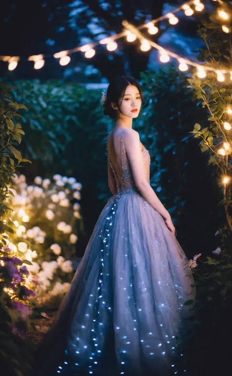 a woman in a blue dress standing in a garden with lights