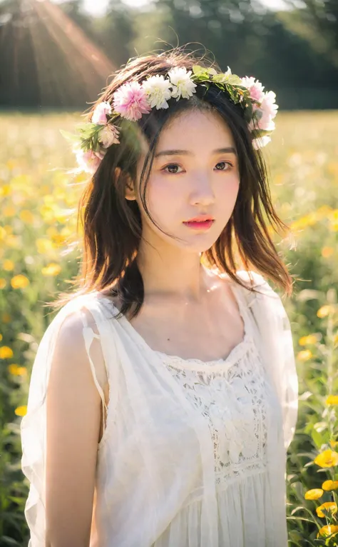 a woman in a white dress standing in a field of flowers