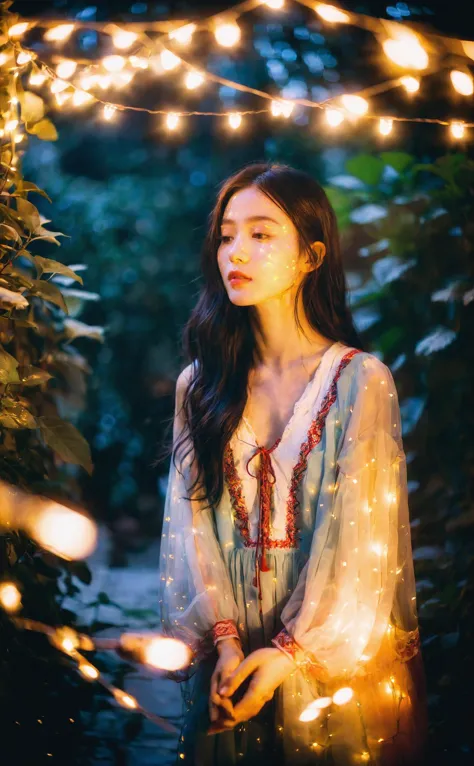 a woman standing in a garden with fairy lights