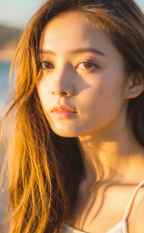 a close up of a woman with long hair on a beach