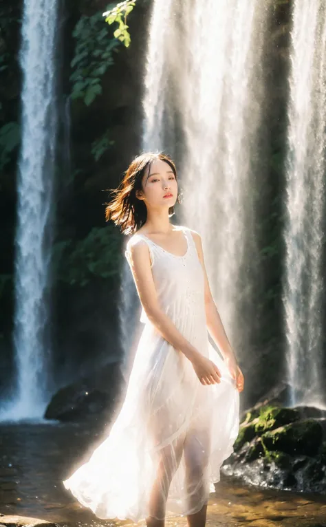 mugglelight, a girl in a flowing white dress, standing under a cascading waterfall, backlit by the sunlight, water droplets sparkling in the air, natural beauty.
korean girl,black hair,