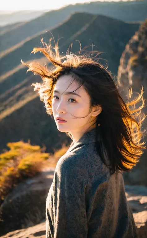 mugglelight,a young woman with windswept hair,standing on a cliff at sunrise,backlit by the morning sun,dramatic shadows,serene expression,breathtaking scenery.,
korean girl,black hair,