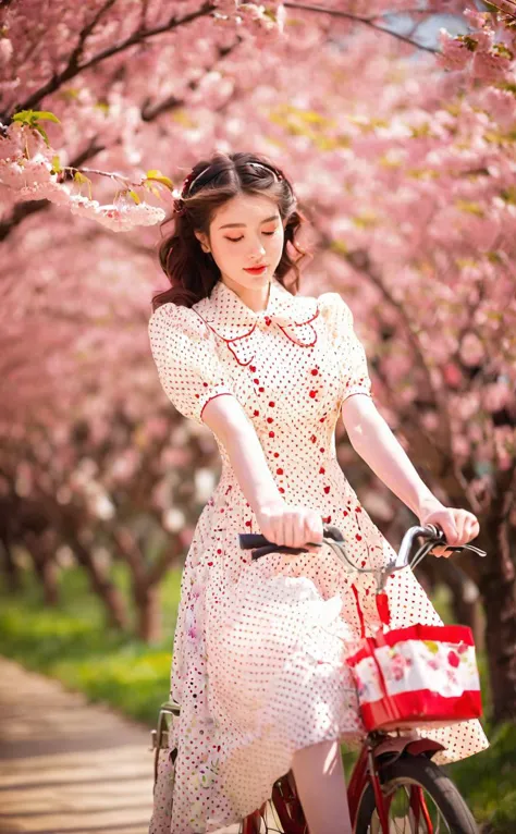 a woman in a dress riding a bike down a path