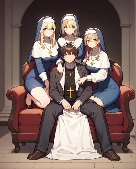 a couple of people sitting on a couch with a nun