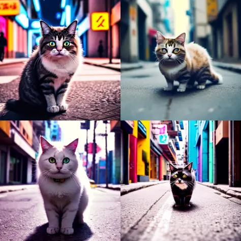 raw photo, a close up of a cat wandering a cyberpunk city street, cute fluffy cat face