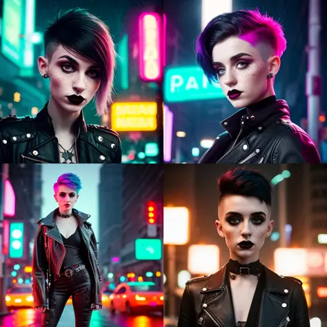 (abstract colors, texture, film grain, skin pores):0.15 samdoesart++, intricate RAW full-body dramatic portrait photo of a nerdy goth chick, petite susan coffey natalia dyer, neon hair, pale skin freckles, analog style eye contact selfie, standing on a (cy...