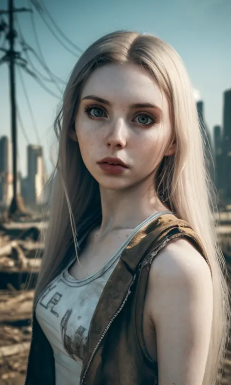 RAW photo, a close up portrait photo of 26 y.o woman in wastelander clothes, long haircut, pale skin, slim body, background is city ruins, (high detailed skin:1.2), 8k uhd, dslr, soft lighting, high quality, film grain, Fujifilm XT3