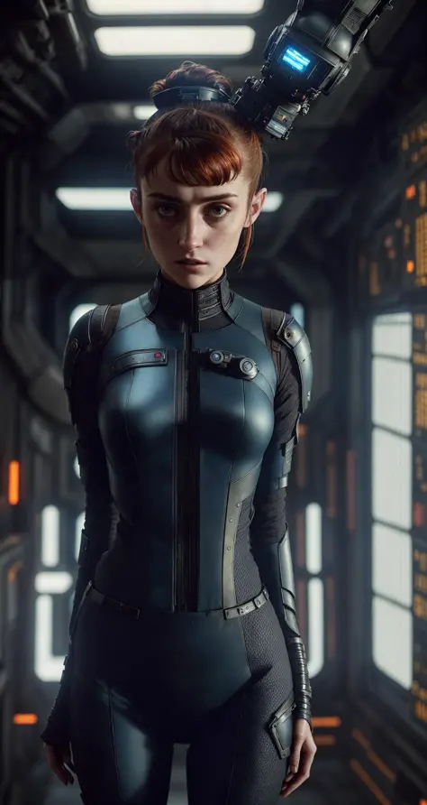 abstract colors, texture, film grain, skin pores, dusty atmospheric haze, vignetting, wrinkles:0.2 foreshortening, intricate cinematic movie still frame of a petite nerdy goth chick wearing (form fitting space suit)1.2 from the expanse, standing in a scifi...