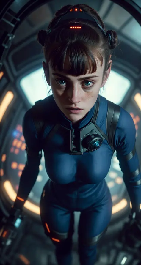 abstract colors, texture, film grain, skin pores, dusty atmospheric haze, vignetting, wrinkles:0.2 foreshortening, intricate cinematic movie still frame of a petite nerdy goth chick wearing (form fitting space suit)1.2 from the expanse, standing in a scifi...