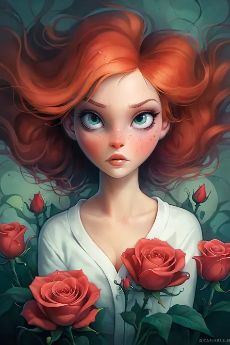 arte de Anna Dittmann, Pôster obra-prima de Tom Whalen, cara de orgasmo, meio do tiro, muito emotivo, ("beleza Americana" pôster do filme:1.5), (linda bomba de cabelo ruivo), stshpossko, (olhos bem abertos:1.6), íris verde-azulado escuro, Cama de Rosas, (explosão surreal de pétalas de rosa),  QUEBRAR, foco nitído, contraste de desvio de alvejante, melhor qualidade, Inspirado por ( Stefan Gesell | João Guilherme )  