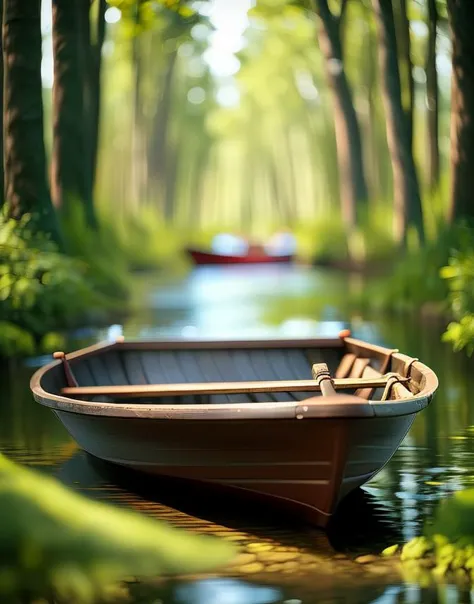 row boat  a lake, hyperrealistic, dim light, blue ray, lake, forest, bokeh, blurry background,