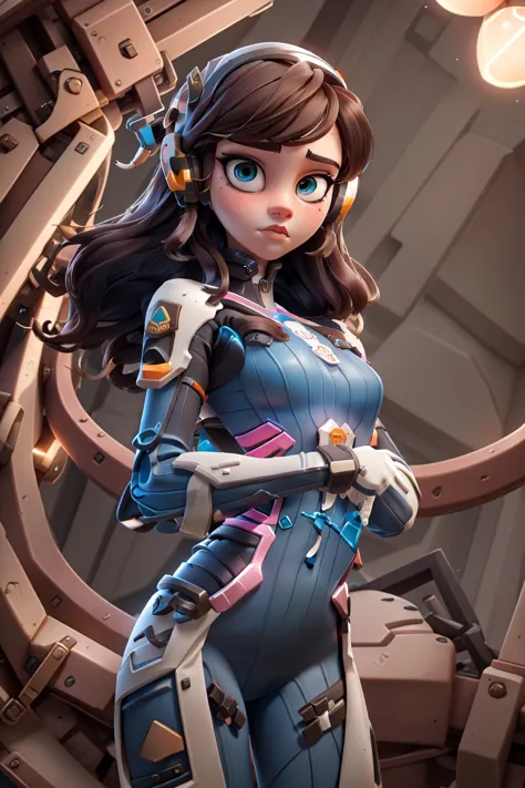 (masterpiece, best quality),  intricate details,
1girl,   1girl, d.va (overwatch), solo, long hair, whisker markings, bodysuit, brown hair, facial mark, gloves, breasts, brown eyes, pilot suit, cowboy shot, headphones, white gloves, medium breasts, swept bangs, skin tight, animal print, bangs, bunny print, ribbed bodysuit, facepaint, pink lips,