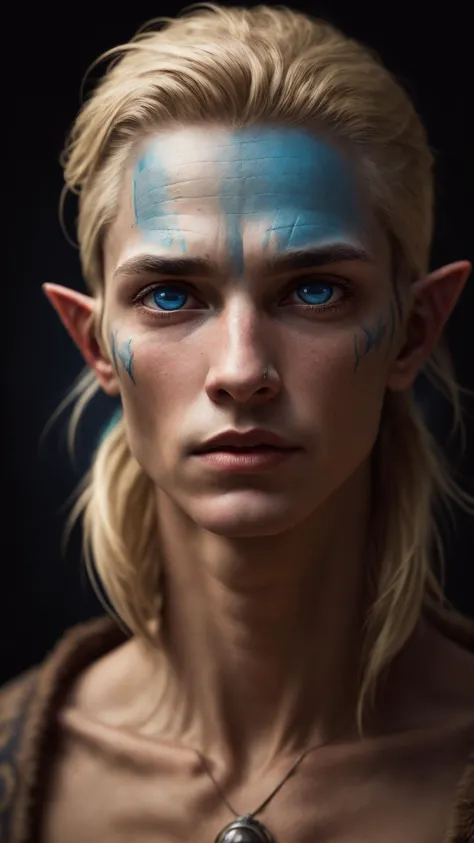 an awarded profesional photography of (1man:1.3) elf  with Deep blue eyes with  male French crop hairstyle and balbo shaving in ...