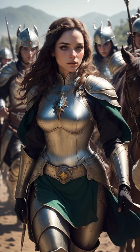 an awarded profesional photo of Joan of Arc: Dressed in shining silver armor, Joan appears almost ethereal as she leads her troops into battle. Her short, golden curls peek out from under her helmet, lending a touch of femininity to her otherwise formidable appearance. Her eyes, bright and unwavering, reflect her unwavering faith in her divine mission. She carries a white and gold banner, symbolizing her spiritual guidance and the purity of her cause., ultradetailed, intricated face,(face details:1.1),perfect eyes, ideal body posture,perfect body proportions, by jeremy mann, by sandra chevrier, by maciej kuciara,(masterpiece:1.2),(ultradetailed:1.1), ultrasharp, (perfect, body:1.1),(realistic:1.3),(real shadow:1.2),3photo Fujifilm XT3, ,(perfect body proportions:1.1)<lyco:GoodHands-beta2:1>, intricated hands,(by Michelangelo),(profesional lights:1.3) (profesional photography:1.3),in Verdant Valley: A lush and fertile valley with emerald green fields and babbling brooks. The air is filled with the scent of blooming flowers., cowboy shot (character focus:1.1), depth of field