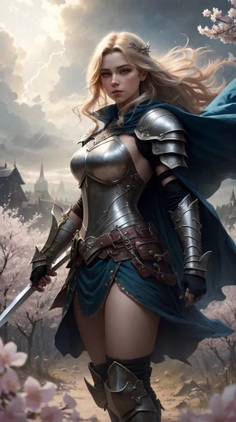 a woman in armor holding a sword and standing in front of a castle