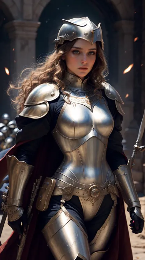 an awarded profesional photo of Joan of Arc: Dressed in shining silver armor, Joan appears almost ethereal as she leads her troo...