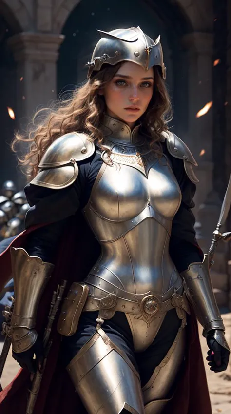 une photo professionnelle primée de Jeanne d&#39;Arc: Vêtu d&#39;une armure d&#39;argent brillante, Joan semble presque éthérée alors qu&#39;elle mène ses troupes au combat. Son court, des boucles dorées ressortent sous son casque, donnant une touche de féminité à son apparence par ailleurs formidable. Ses yeux, brillant et inébranlable, refléter sa foi inébranlable en sa mission divine. Elle porte une bannière blanche et dorée, symbolisant sa direction spirituelle et la pureté de sa cause., ultradétaillé, visage complexe,(détails du visage:1.1),parfait eyes, ideal corps posture,parfait corps proportions, par Jeremy Mann, by sandra chevrier, par Maciej Kuciara,(chef-d&#39;œuvre:1.2),(ultradétaillé:1.1), ultra-tranchant, (parfait, corps:1.1),(Réaliste:1.3),(Véritable ombre:1.2),3photo Fujifilm XT3, ,(parfait corps proportions:1.1)Mains complexes,(par Michel-Ange),(lumières professionnelles:1.3) (photographie professionnelle:1.3),à l&#39;observatoire Starfall: Un observatoire isolé et mystérieux, on dit qu&#39;il s&#39;agit de la porte d&#39;entrée vers les étoiles et d&#39;autres dimensions., tir de cow-boy (focus sur le personnage:1.1), profondeur de champ