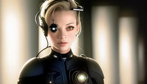 close-up of borg seven of nine (jeri ryan) with eyepatch, star trek uniform voyager, transporter room background, pillar of flickering light <lora:flat2:1> <lora:trekborg:1>