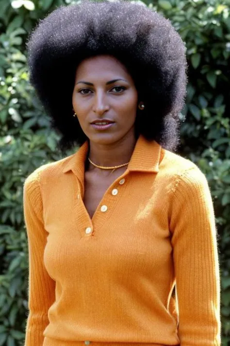 Upper-body 1970s publicity photo of pamgrier looking at viewer; she is wearing a sweater and jeans; high detail on face, eyes and lips; professional photograph, Zeiss 50mm F8, award-winning photo, (muted) photographic stock