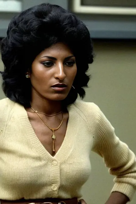 1970s (color) publicity portrait photo of the serious and angry (face) of pamgrier looking at viewer; she is wearing a sweater; high detail on face, eyes and lips; professional photograph, Zeiss 50mm F8, award-winning photo, (muted) photographic stock