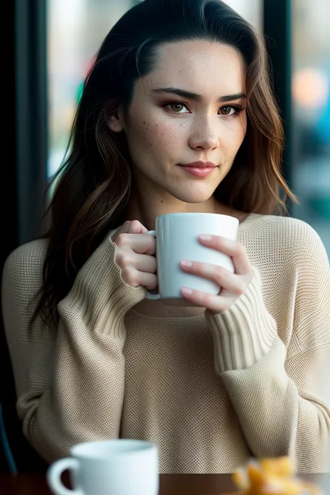 arafed woman sitting at a table with a cup of coffee