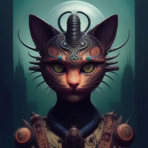 cheshire cat, aztec god, alien, highly detailed, cinematic, 8 k, by megan duncanson, benjamin lacombe, adrian borda, stanley art...