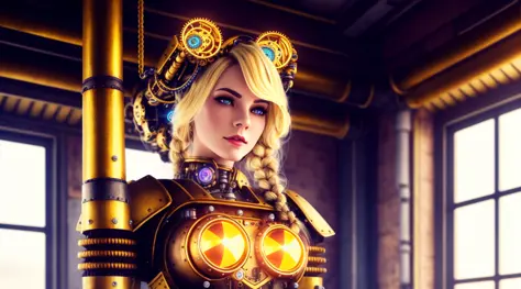 tiktok girl, (from_below:1.31) (standing:1.21) blonde_hair , twin_braids , steampunk , yellow (robot) , on ramparts , jewelry, (...