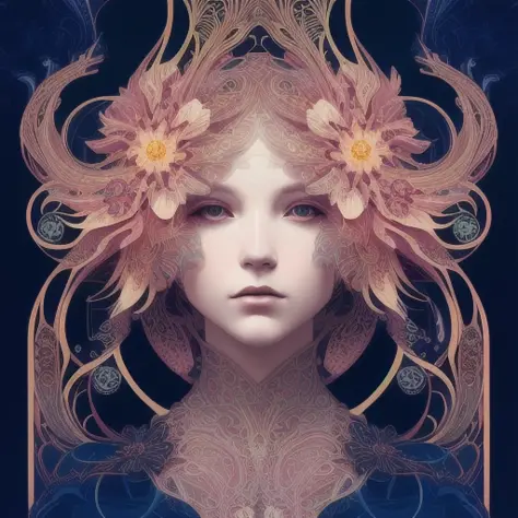 human flower by Android Jones, Earnst Haeckel, James Jean. behance contest winner, generative art, Baroque, intricate patterns, fractalism, movie still, photorealistic, vibrant peacock feathers, intricate, elegant, highly detailed, digital painting, artstation, smooth, sharp focus, illustration, illuminated lines, outrun, vaporware, intricate venetian patterns, cyberpunk darksynth, by audrey kawasaki and ilya kuvshinov and alphonse mucha, generative art, Baroque, intricate patterns, fractalism, movie still, photorealistic