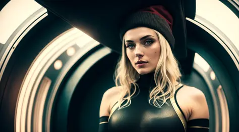 tiktok girl, (from_below:1.31) (standing:1.21) blonde_hair , beanie , victorian era , black formfitting bodysuit , in a space ship , jewelry, (full_body:1.4), (realistic:1.4), masterpiece, high quality, realistic lighting, center of frame, 8k, hdr, amateur, (freckles:0.86)