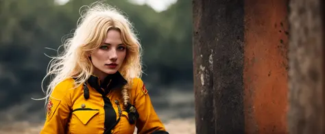 tiktok girl, (from_below:1.3) (sitting:1.2) blonde hair , Messy_hair , medieval, middle ages , red-black-yellow (firefighter) uniform , shore , jewelry, (full_body:1.4), (realistic:1.4), masterpiece, high quality, realistic lighting, center of frame, 8k, hdr, amateur, (freckles:0.95)