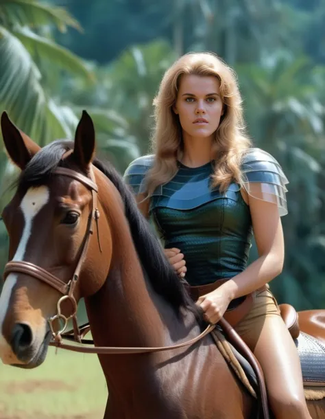 <lora:BarbarellaXL:1> 1980 photo of  24 year old  BarbarellaXL, with her weapon in __cuacasian__ , riding a brown horse as a tru...