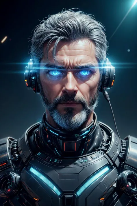 a man with headphones and glowing eyes in a futuristic suit